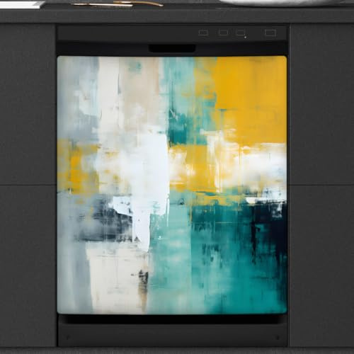 Geschirrspüler-Magnetabdeckung, dekorativ, abstraktes blau-gelbes Kunstgemälde, Aquarell-Hintergrund, Öldruck, kratzfest, dekorative magnetische Aufkleber für Kühlschrank und Geschirrspüler, 58,4 x 66