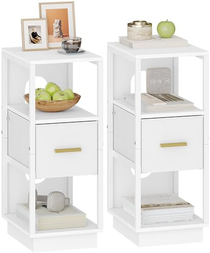 Hzuaneri Nachttisch 2er Set, Beistelltisch mit Offenes Fach, Nachttisch Schmal mit 1 Stoffschublade, Modern, für Schlafzimmer, Wohnzimmer, 30 x 24 x 60 cm, Weiß NS61303W