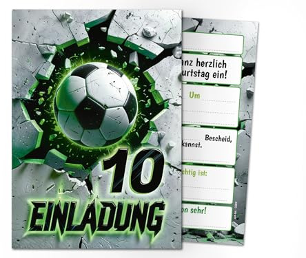 Junaversum 12 Einladungskarten zum 10. Kindergeburtstag Fußball Fussball Kinder Jungen coole bunte Einladungen zehnte Geburtstag Geburtstagseinladungen Kids