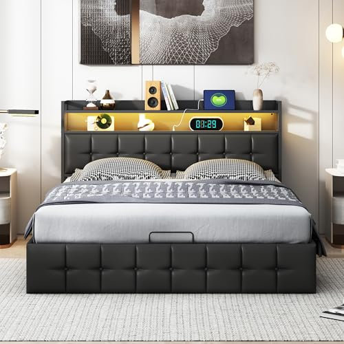 Bettgestell 160x200cm, Polsterbett Doppelbett Bettanlage, Stauraum Kopfteil mit LED & USB Ladefunktion, Modern Polsterbett mit Stauraum, Schwarzes Leder, Ohne Matratze