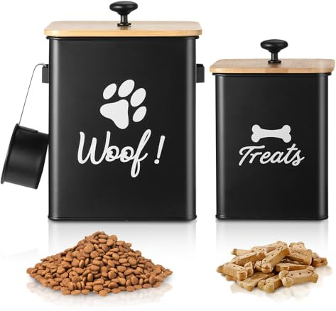 Tivray Dog Treat Containers Set of 2, Dog Food Storage Containers with Airtight Lids, Metal dog treat jars for Kitchen Countertop, Pet Food Canister Keep Snack Fresh, 5.9×5.9×7.1, Black