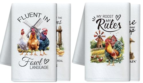 CUTHOLLOW Bauernhof Hahn Deko Trockentuch 4er-Set, Weich & Saugfähig Geschirrtücher Microfaser für Küche, Tee, Kaffee, Bar, Zuhause, Bestes Landhausstil Geschenk zur Einweihung, Geburtstag, Herbst