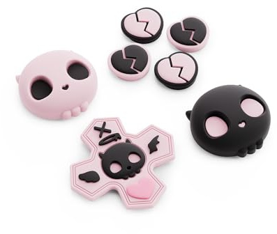 GeekShare Jeu de capuchons de frappe de tête de mort, boutons ABXY en silicone pour joystick, coques de touches compatibles Switch 2, rose et noir