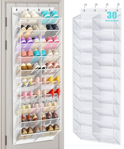 MISSLO 30 Pairs Door Shoe Rack Hanging Shoe Organiser, Breathable Over Door Shoe Storage with 20 Wide Pockets, 10 Tiers Shoes Organizer for Wardrobe Door Storage Fit Boots Holder Hanger (White, 71)