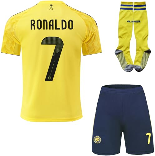 metekoc NASSR Riyadh Al 2025/2026 Heim #7 Football Fußball Kinder Trikot Shorts Socken Geschenk Set Jugendgrößen (Gelb/Blau,28)