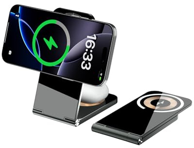 2-in-1 Wireless Charger, for MagSafe Charger Stand 15W Qi Fast Wireless Charging Station Compatible with iPhone 17/16/15/14/13/12 Series, Foldable Portable Design for Travel Office