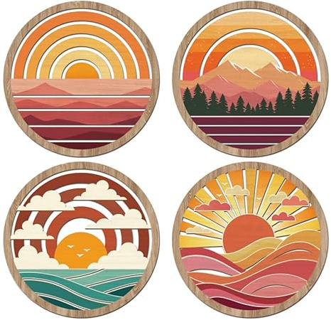 HPNIUB Sunset Round Wall Art Set Boho Landscape Mountain Ocean Decor