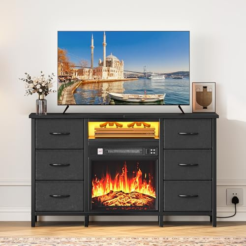YITAHOME TV Stand with Fireplace, TV Unit with Fireplace Built in TV Cabinet,TVS Stand Cabinet for 50 Inch with 6 Drawers Storage, LED Lights Overheat Protection, Fireplaces Heater (Black)