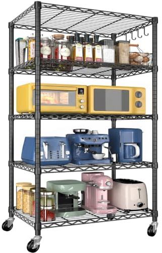 Mapleyard 61×46×183cm 5-Tier Adjustable Wire Shelving with Wheels, Black