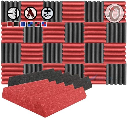 Arrowzoom 24 Polyurethane Wedge Panneaux Mousse Acoustiques 25x25x5cm Correction Phonique anti bruit Retardateur flamme studio d'enregistrement absorbant acoustique Podcasting Streaming Rouge Noir