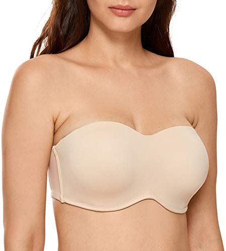 DELIMIRA Women's Strapless Bra Underwire Non Padded Minimiser Plus Size Bandeau Seamless Bra Beige 36G