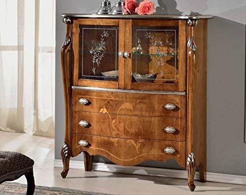 Dafnedesign.com - 2-türiger Vitrine - 3 Schubladen, Farbe dunkles Holz, dekorierte Glasdekorationen - Maße: Länge 107 cm - Tiefe 40 cm - Höhe 120 cm - 0,60 mm - Klassischer Stil - 100 % Holz -