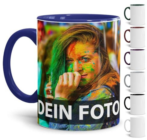 Tasse selbst individuell gestalten/Personalisierbar mit eigenem Foto Bedrucken/Fototasse/Motivtasse/Werbetasse/Firmentasse mit Logo/Innen & Henkel Dunkelblau - XXL Druck