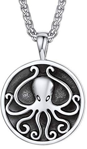 U7 Krake Anhänger Halskette Edelstahl Octopus Tintenfisch Medaille mit 3mm/55+5cm Weizenkette Maritim Nautics Modeschmuck Accessoire für Männer Jungen