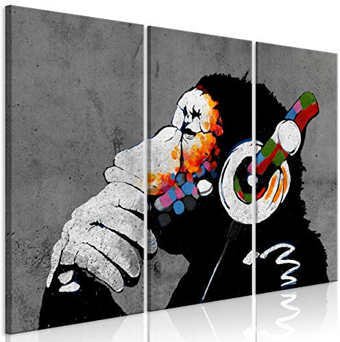 decomonkey Bilder Banksy Dj Affe 120x80 cm 3 Teilig Wandbild Groß Leinwandbild XXL Deko Wohnzimmer Schlafzimmer Büro Wanddeko Leinwand Pictures For Wall Poster Painting bunt Street Art Tiere