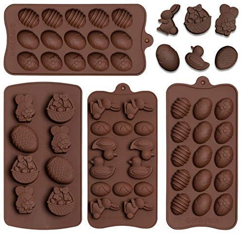 Whaline 4Pcs Easter Mold Easter Egg Mold Rabbit Mould Duck Resin Chocolate Mold Silicone Candy Pan for Easter Party Fondant Jelly Dome Mousse Cake Topper Making