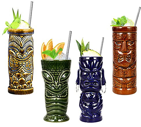 Cocktail Gläser, Tiki Mugs,Cocktailgläser, Tiki Bar Zubehör,Keramik-Cocktailtassen, Aus Keramik,400Ml – Keramik, Hawaii-Design,Partydekoration,Natural