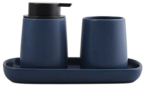 MSV Set de baño de 3 piezas de accesorios de baño de cerámica Maonie dispensador de jabón, bandeja de baño para joyas y vaso para cepillos de dientes, color azul oscuro