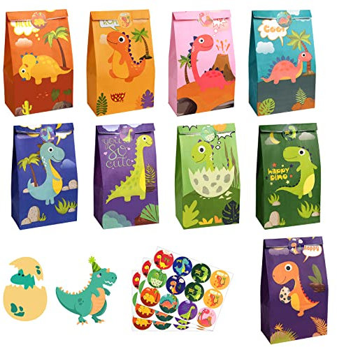 Flintronic Geschenktüten, 18 Stücke Dinosaurier Papiertüten Partytüten, Papiertüten mit süßen Aufklebern Taschen Krafttüten für Kinder Party, Feiern, Baby Geburtstag,Halloween, Weihnachten,Christmas