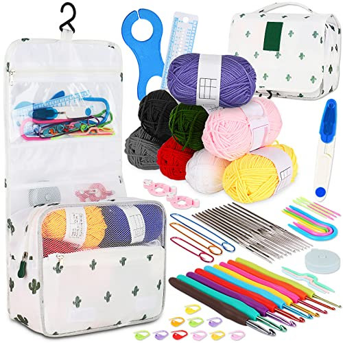 Coopay Häkelset für Anfänger, Aufgerüstet Häkelnadel Set mit Wolle zum Häkeln, Häkelzubehör, Ergonomische Häkelnadeln mit Gummi Griff, Spitze Häkelnadel, Häkeltasche zum Aufhängen, Nützlich Häkeln set