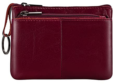 Lidwot Porte-monnaie en cuir véritable avec 3 fermetures éclair et porte-clés, rouge vin, Porte-monnaie avec porte-clés 3 fermetures éclair