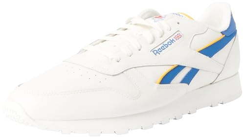 Reebok Men Classic Leather Sneaker, Chalk/Vector Blue/Collegiate Gold, 4.5
