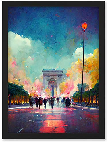 Doppelganger33 LTD Colourful Champs-Elysees And Arc De Triomphe Modern Artwork Framed Wall Art Print A4