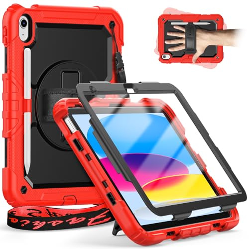 Timecity for iPad (A16) 11th Generation Case 11 inch 2025/10th Generation | iPad 10th Gen 10.9 inch 2022, Heavy Duty Protective Cover with Screen Protector, Rotating Stand, Shoulder Strap, Red