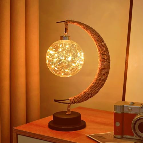 HFHungkeong LED Styling Nachtlicht - 3D-Magische Mondlampe, Ramadan Stern und Mond Dekorative Tischlampe, Eisen Heimdekoration (Runde Kugel Weiß)