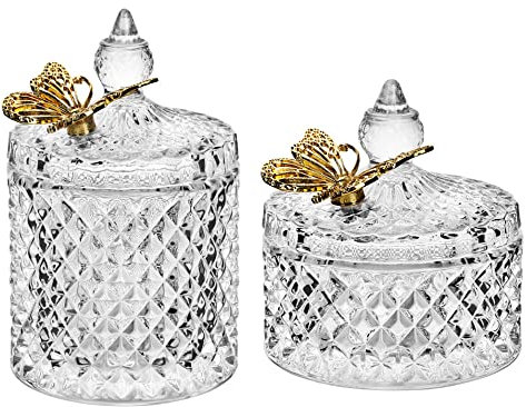 Ezebesta 2 PACK Vintage Bathroom Canisters Gorgeous Butterfly Lids Small Thick Clear Glass Jar Set Qtip Holder Dispenser for Cotton Ball&Pads Storage Organization