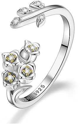 CRYSLOVE Geburt Monat Blumen Ringe für Damen Frauen 925 Sterling Silber Personalisierte Blatt Birthstone Einstellbare Offene Ring Geburtstag Schmuck Geschenke für Freundin Frau Mutter