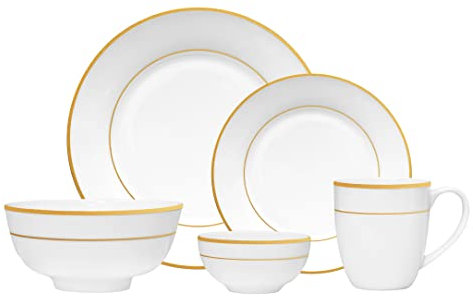 Service de table en porcelaine anglaise 20 pièces pour 4 personnes, double bord doré, blanc, passe au micro-ondes, cadeau élégant, ensemble de vaisselle, essentiel pour la maison, la vie quotidienne,