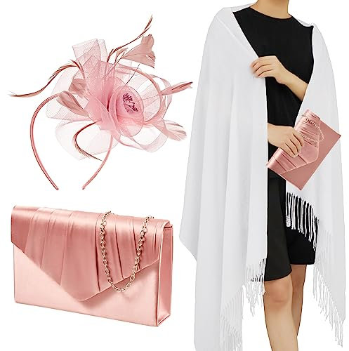 Sinmoe 3 Pcs Wedding Costumes Accessories for Women, Including White Shawls and Wraps, Pink Feather Hair Fascinator Headband with Clip, Satin Clutch Bag Purse for Wedding Evening Party Prom