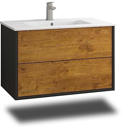 Stil.Zeit Evelia Badmöbel inkl. Waschbecken | Waschtisch mit Unterschrank 80.5 cm | Anthrazit/Dekor Eiche Rustikal| Push-to-Open/hängend