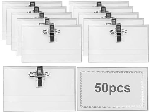 50 badge con nome per lavoro, con clip a coccodrillo e spilla di sicurezza, 9 x 5,6 cm, etichette professionali per nome, vestiti, etichette in plastica, porta badge per conferenze, personale, badge