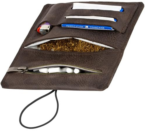 Simaru Personalisierte Tabaktasche mit Gravur aus Leder für 30g Tabakbeutel, Echtleder Dreher-Tasche inkl. Filterfach und Plättchen-Halter (Dunkelgrau) (Dunkelbraun-Gravur)