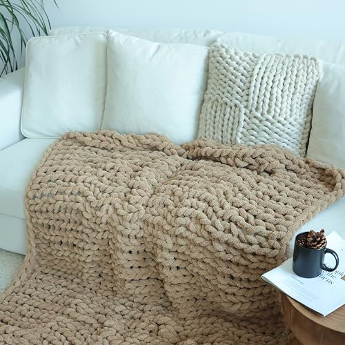 Maetoow Chenille-Decke, Überwurf, grob, handgefertigt, warm und gemütlich, für Couch, Bett, Heimdekoration, weich, atmungsaktiv, Fleece, Weihnachtsdecke, dick, riesig, Khaki, 101,6 x 127,7 cm, Khaki