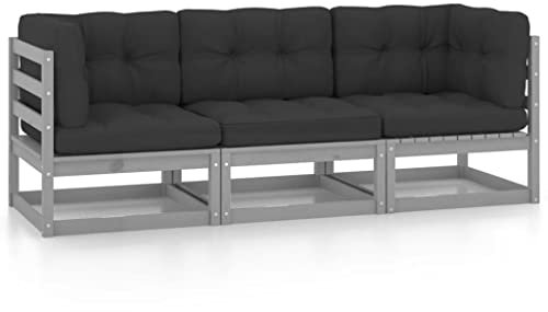 Tino Tech Massivholz Gartensofa 3-Sitzer-Gartensofa mit Kissen Lounge Garnitur Gartenmöbel Set Gartenbank für Balkon und Terrasse Robust und Wetterbeständig für Den Täglichen Grau 70x70x67 cm