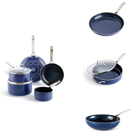 Blue Diamond Cookware Diamantstruktur Keramik Antihaft, 10-teiliges Topf- und Pfannenset,Enthält Bratpfanne Stielkasserolle Wok,PFAS-frei,Induktion,Spülmaschinenfest,Backofenfest bis 200°C,Blau