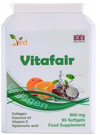 Vitafair Collagen Plus Coconut Oil, Vitamin C, hyaluronic Acid, 860 Mg 90 Vitafair Blend of Collagen, Coconut Oil, Vitamin C& Hyaluronic Acid, Support The Condition of Your Skin, 860 mg 90 Soft Gel