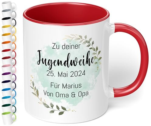 Geschenk zur Jugendweihe Konfirmation für Mädchen & Jungen: Tasse personalisiert „Zu deiner WUNSCHTEXT“ – Blätter-Motiv – Keramik 330ml Kommunion Firmung Taufe (Rot)