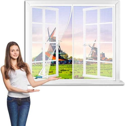 Window Mesh Curtain Screen for French Window Anti Cat Scratch 145 x 115 cm Reinforced Heavy Duty Mesh Screen Doors Magnets, Easy to Install Without Drilling【White】