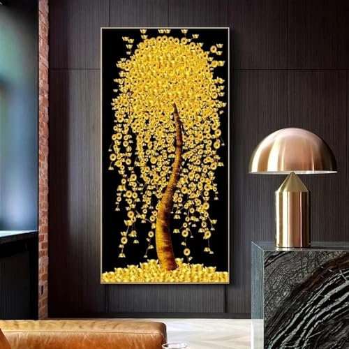 LSYALUCK Viel Glück, goldener Geldbaum, Poster und Drucke, Blumenblätter, Pflanzen, Leinwand, botanische Wandkunst, Gemälde, Bilder, Raumdekoration, 50 x 104 cm (20 x 41 Zoll), rahmenlos