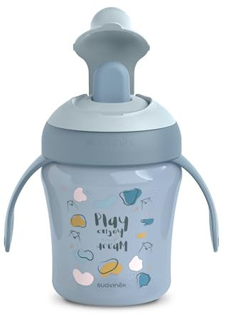 Suavinex, Tasse Apprentissage avec Bec Rigide Anti-Râpage, Tasse Bébé Anti - Fuite, Gobelet Enfant avec Couvercle Rabattable et Poignées, Passe au Lave-Vaisselle. +6 Mois, 200 ml. Bears, Bleu