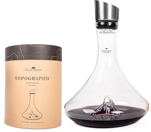 Carafe à décanter le vin 1.8 L | Borosilicate de qualité supérieure soufflé artisanalement avec les montagnes en relief | Bouchon 3 en 1 (filtre, aérateur et bec verseur) (Mont Matterhorn)