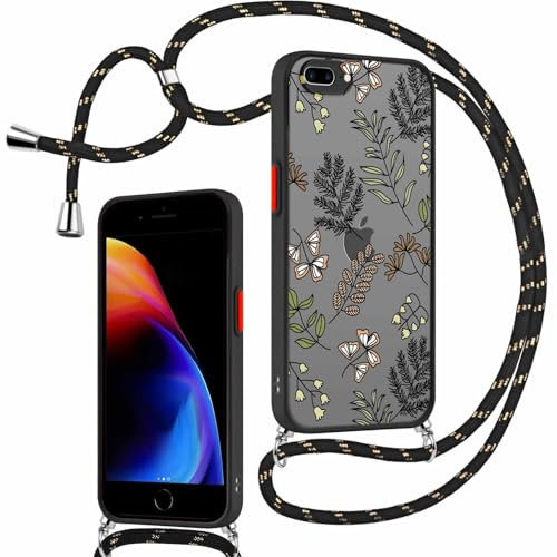 Foonary Funda con Cuerda para iPhone 7 Plus / 8 Plus 5,5, Mate Carcasa Translúcida con Aesthetic Hojas Flors Dibujo diseño Suave Silicona Case con Colgante Correa de Cuello Cadena Cordón,Negro