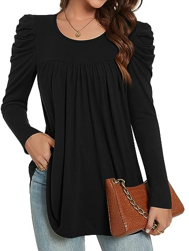 Anydeer Women Tops Casual T-Shirt Long Puff Sleeve Blouses Pleated Fall Basic Tunic Loose Pullover, 2XL, Black
