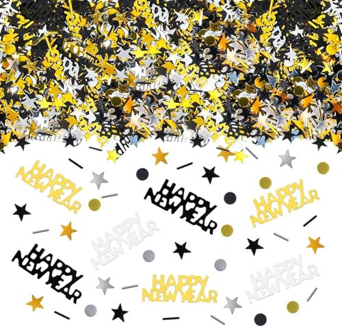 ParPix Konfetti Silvester 2025 - Streudeko Gold Schwarz Silber, Glitzer Tischdeko, Happy New Year Party Deko, Confetti für Neujahr und Weihnachten