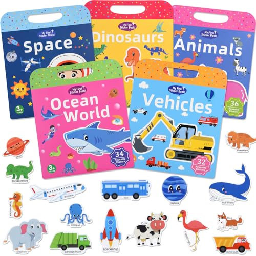 ASTARON 5 Pack Wiederverwendbare 3D Puffy Sticker Bücher für Kinder 3-6, Jelly Sticker Game pädagogisches Lernspielzeug für die Sinne, Reisespielzeug und beschäftigtes Buch