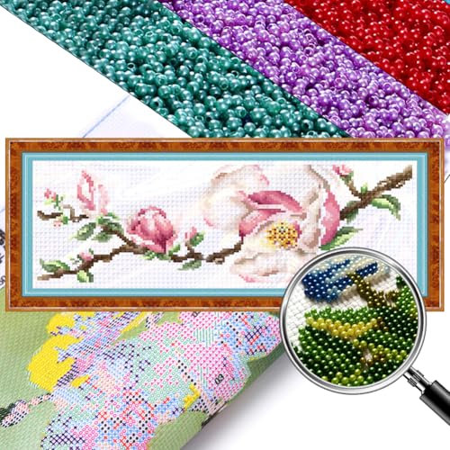 Generisch Kapok Perlenstickerei Kreuzstich Set zum Selbermachen, Blume 9 CT komplettes Sortiment an vorgedruckten Startersets für Anfänger 46 x 18 cm